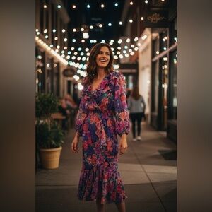 VINTAGE 80's Susan Tudor Pink Floral Midi Dress Pleated Cottagecore Ruffle S